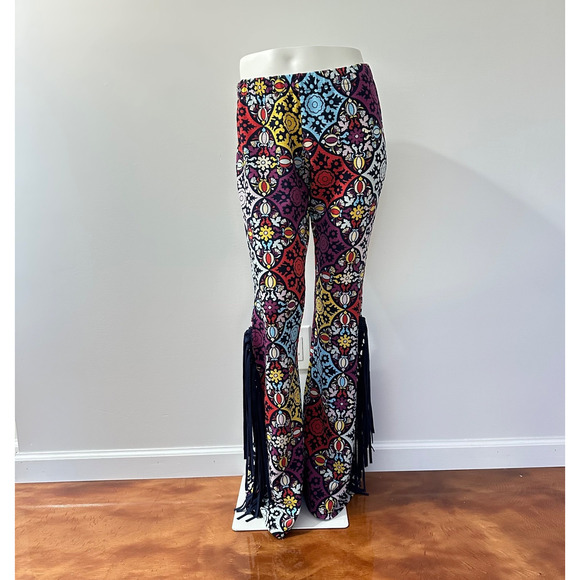 Judith March Women Bell Bottom Pants Size L Western Boho Maximalist Rodeo Fringe - Picture 1 of 14